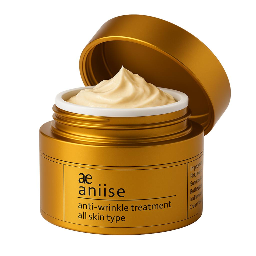 Gold jar of aniise anti-wrinkle treatment cream on a white background