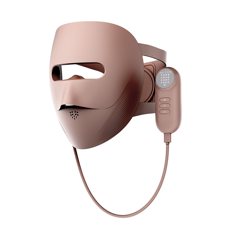 Pink LED face mask with control panel on a white background