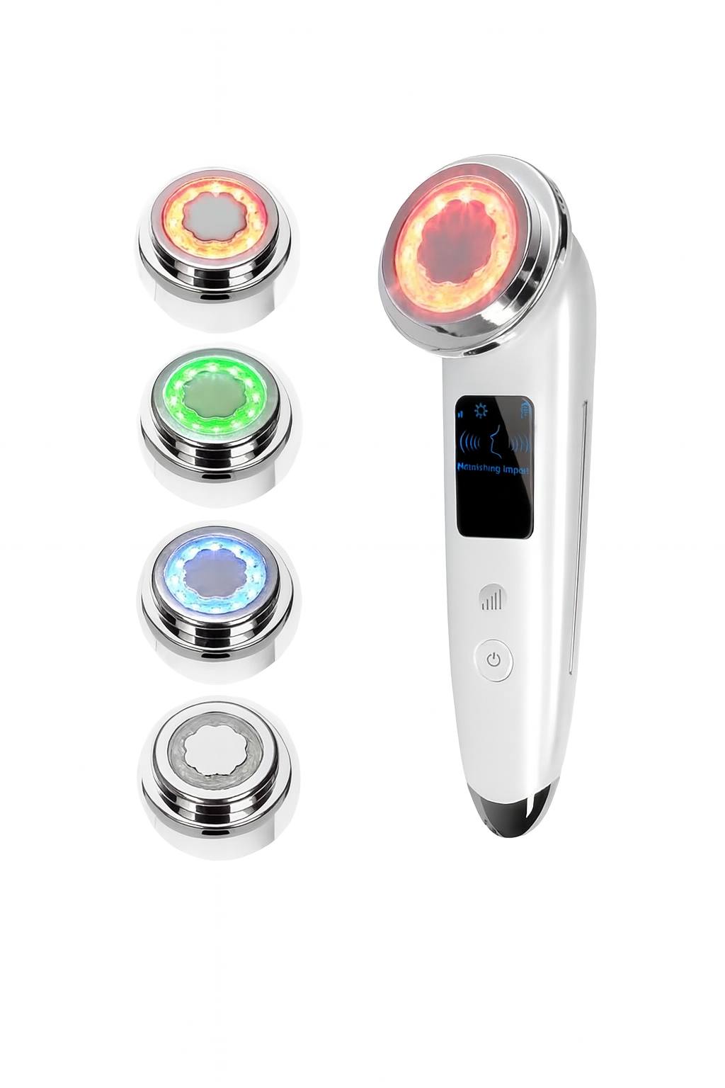 5-in-1 LED photon therapy facial device with red, blue, green and multi-color light modes, ultrasonic skin tightening, anti-aging vibration massage, and nourishing skincare absorption technology displayed with multiple detachable LED heads.