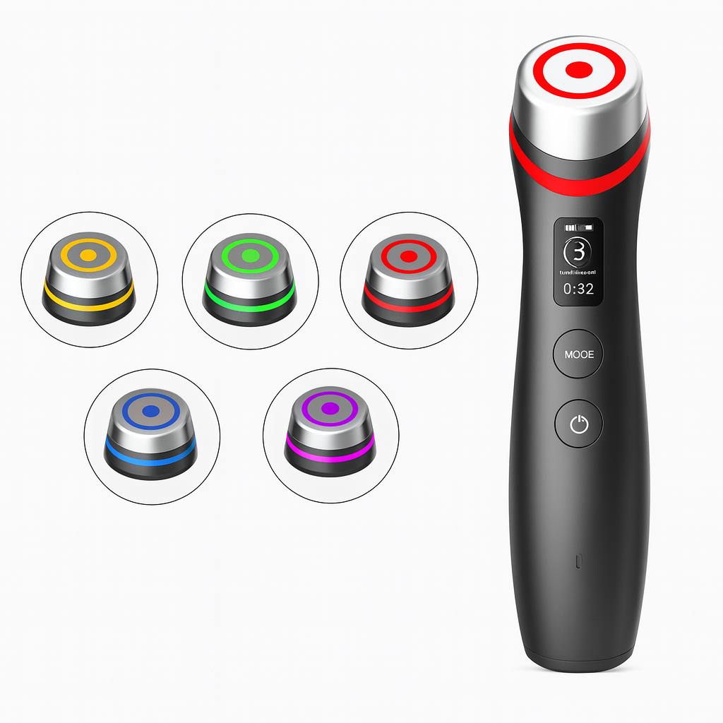 Black handheld LED facial therapy wand with six color light modes (red, blue, yellow, green, purple) for skin tightening, anti-aging, lifting, and rejuvenation—professional beauty device for home skincare.