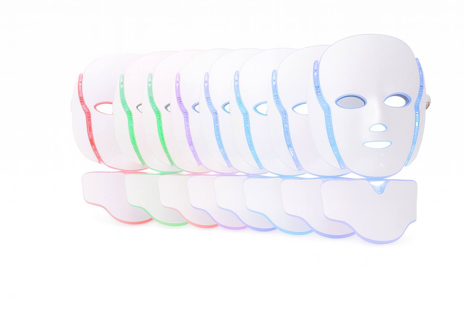 Set of 7-color LED light therapy facial masks with matching LED neck pieces, showcasing red, green, blue, and multi-color photon skincare technology for anti-aging, acne treatment, and skin rejuvenation.”