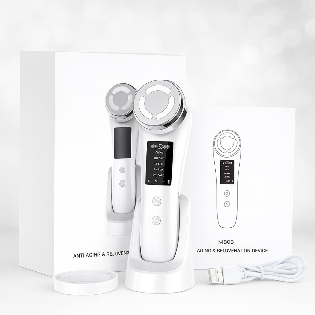 High-quality image of a white anti-aging and rejuvenation device set, featuring an LED therapy facial massager, charging dock, instruction manual, detachable ring, and USB charging cable for skin tightening, lifting, and wrinkle reduction.