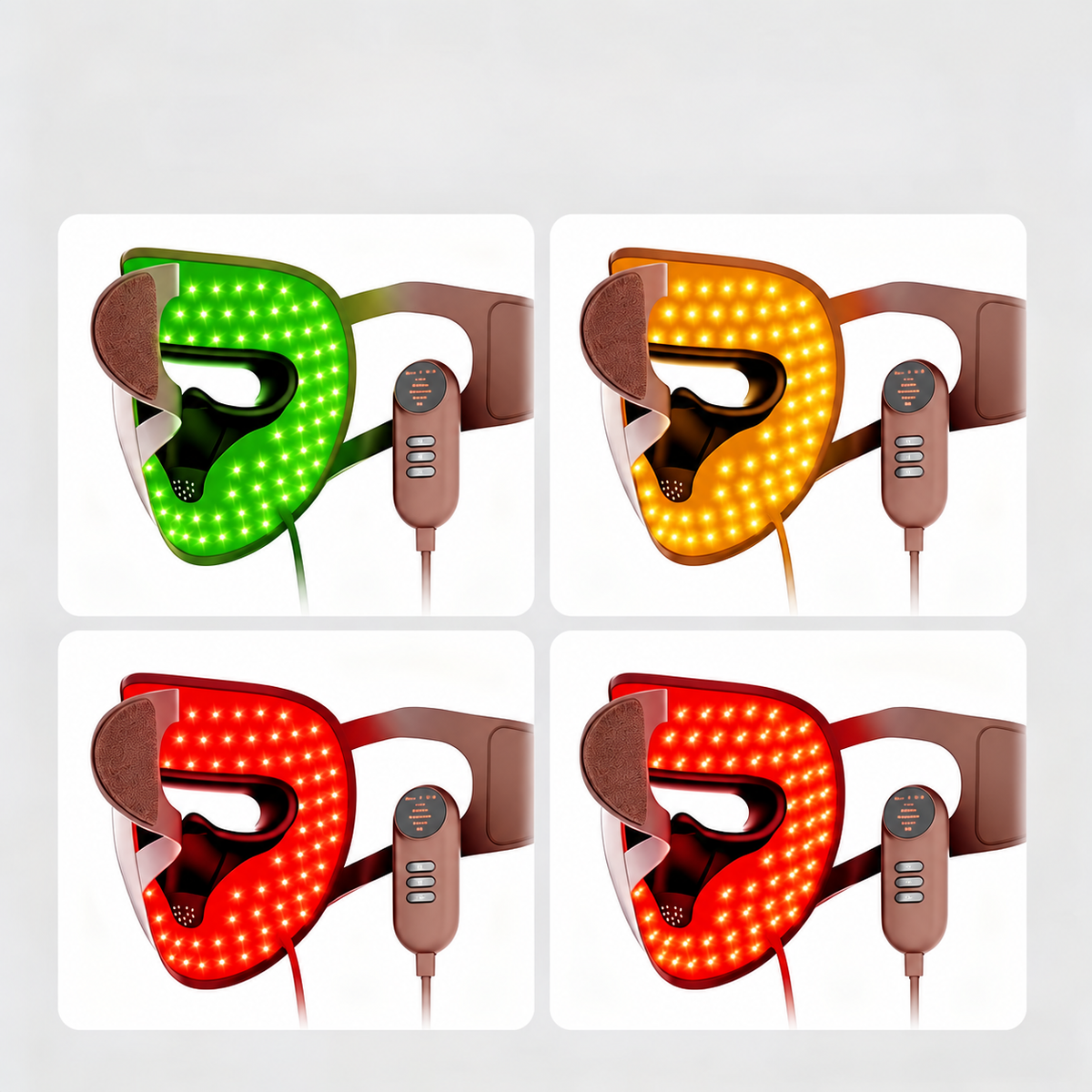 Four LED light therapy face masks shown in a 2x2 grid, each illuminated in a different color: green, orange, red, and a darker red. Each mask is shown with its attached control unit and cable against a white square panel on a light gray background.