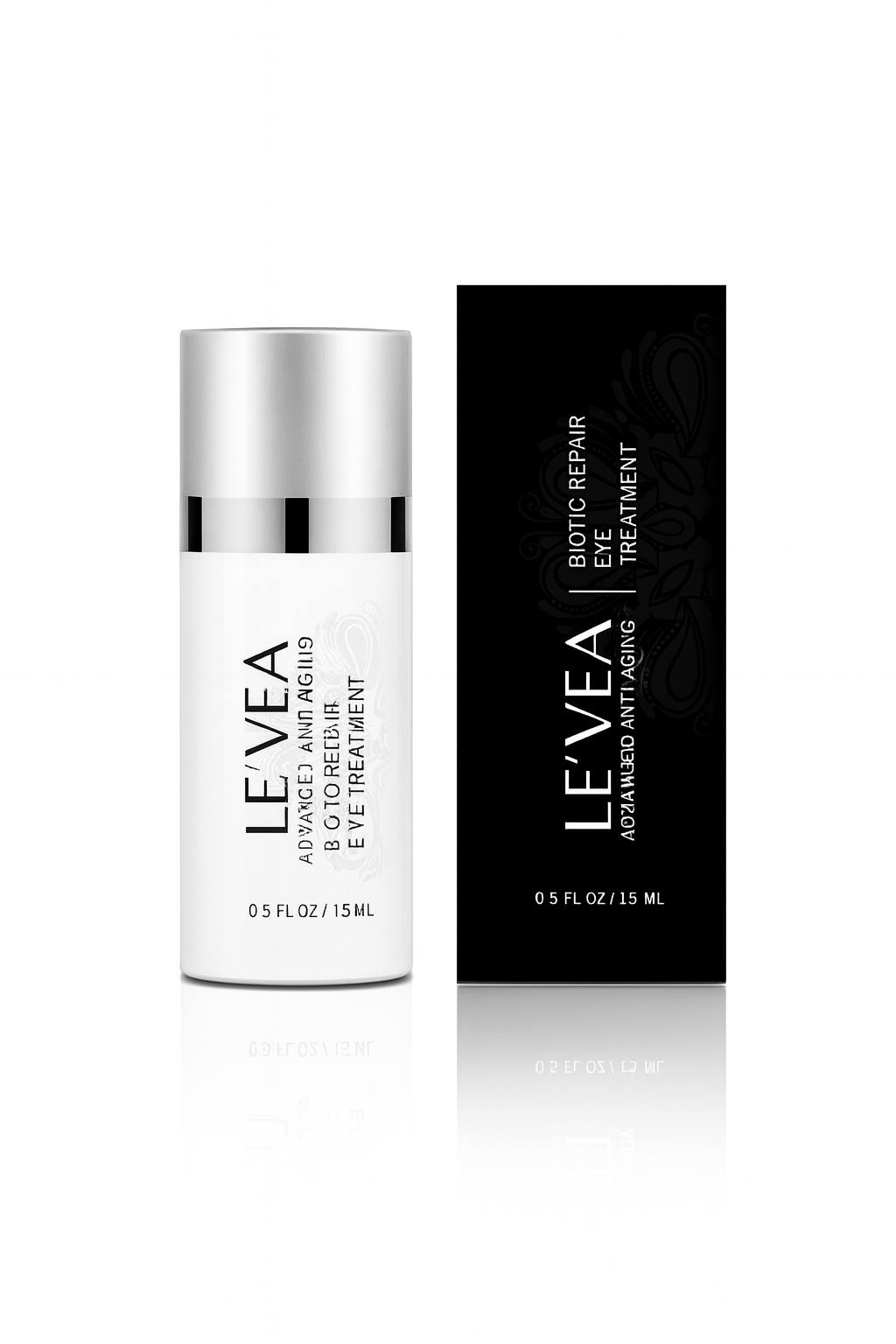 High-resolution product image of LE’VEA Advanced Anti-Aging Biotic Repair Eye Treatment 15ml, featuring the luxury under-eye cream bottle and black product box for anti-wrinkle, firming, and rejuvenation skincare.