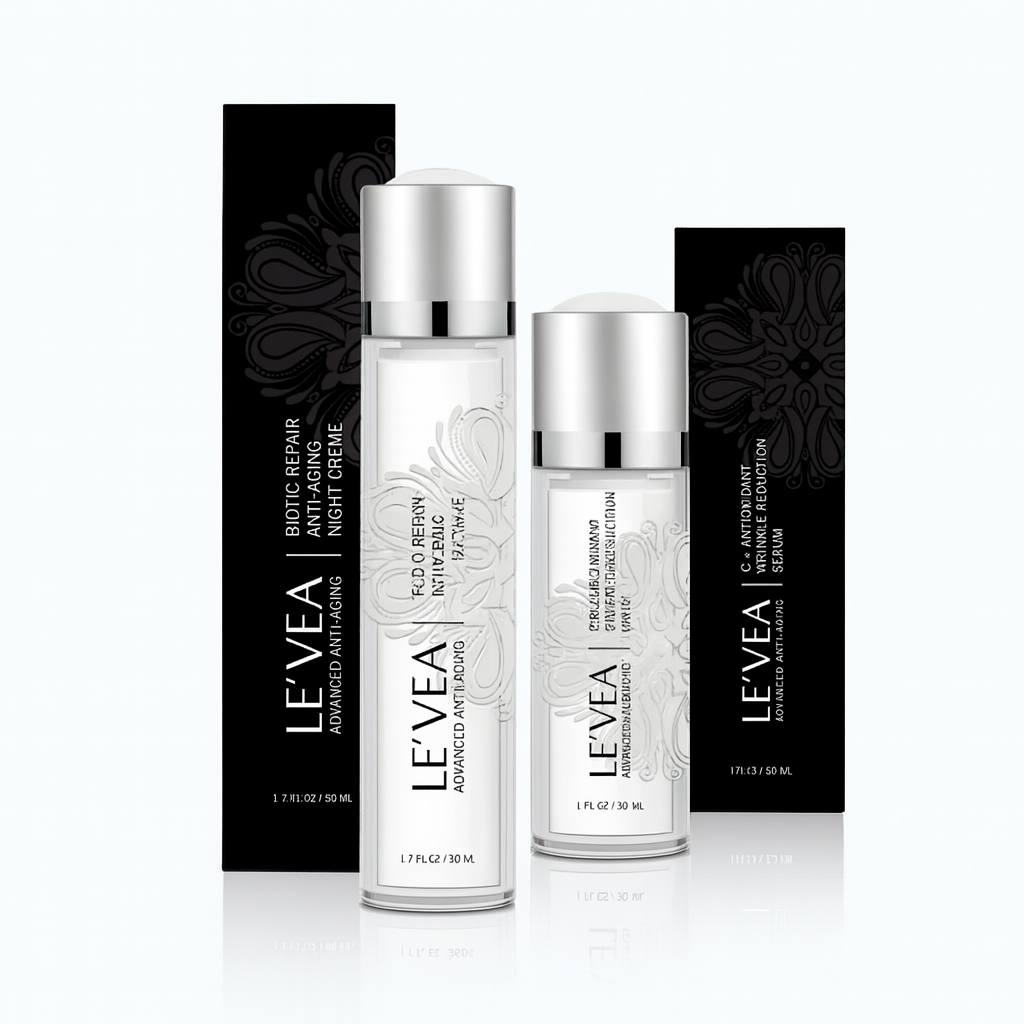 High-resolution product image of LE’VEA Advanced Anti-Aging skincare duo featuring the Biotic Repair Night Crème and Skin Brightening Serum, displayed with their luxury black packaging, premium 5K ultra-HD quality for eCommerce listing.