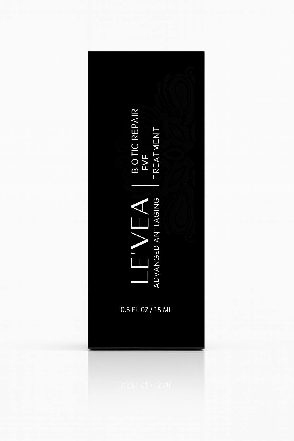 High-quality 5K image of the LE’VEA Biotic Repair Eye Treatment box featuring sleek black premium anti-aging skincare packaging in a clean white background
