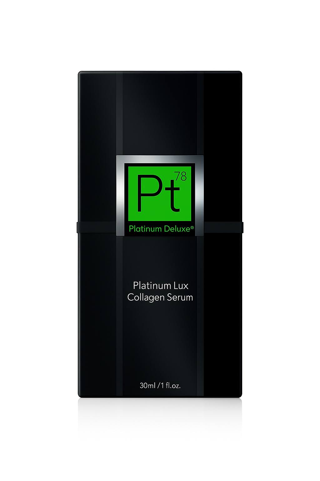 High-resolution image of the Platinum Delux Collagen Serum premium black box, 30ml anti-aging skincare packaging with sleek luxury design.