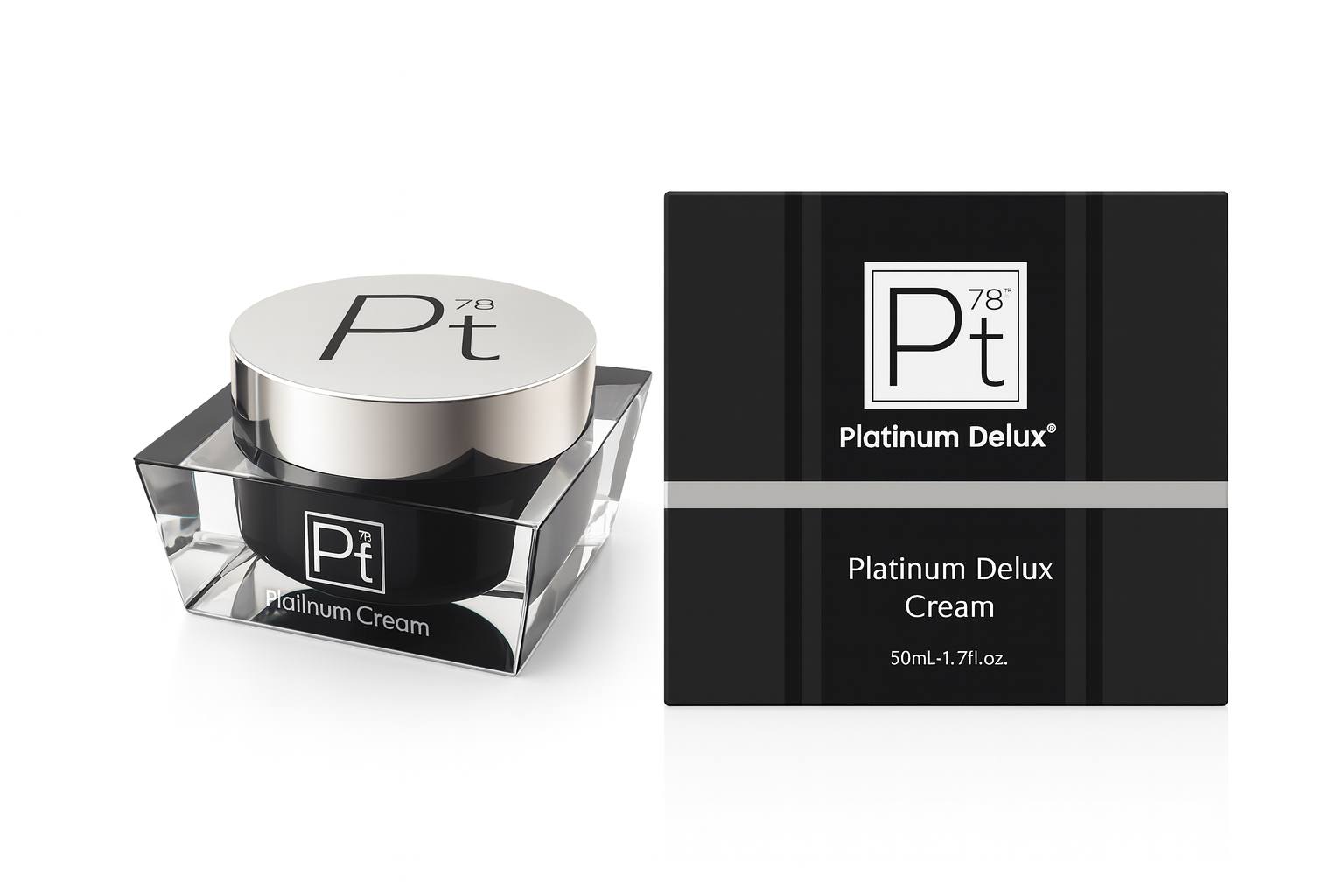 5K ultra-HD product image of Platinum Delux® Cream featuring a premium square-cut glass jar with a reflective silver lid next to a sleek black packaging box with the Pt78 emblem, luxury anti-aging facial moisturizer designed to firm, hydrate, and rejuvenate skin