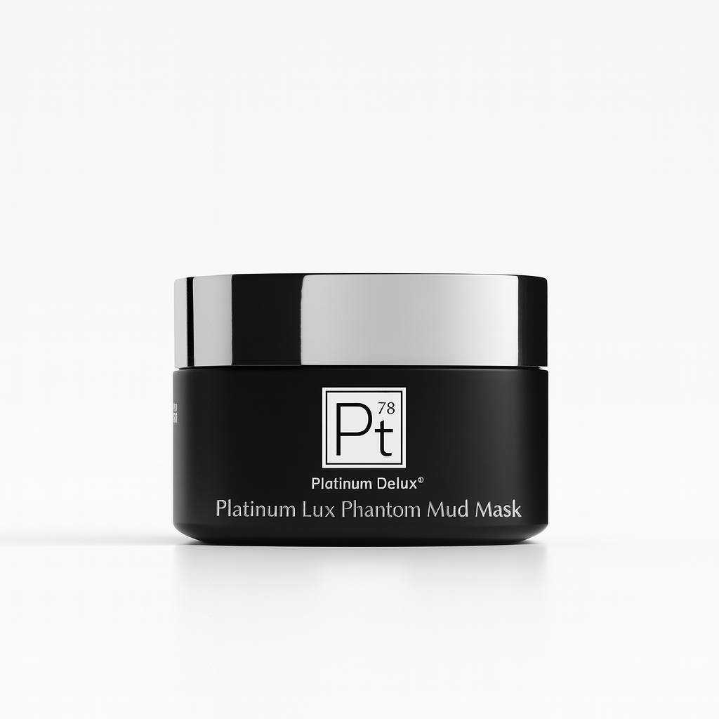 5K ultra-HD image of Platinum Delux® Platinum Lux Phantom Mud Mask in a black jar with a reflective silver lid, premium detoxifying and anti-aging skincare treatment designed to tighten, brighten, and rejuvenate the skin.