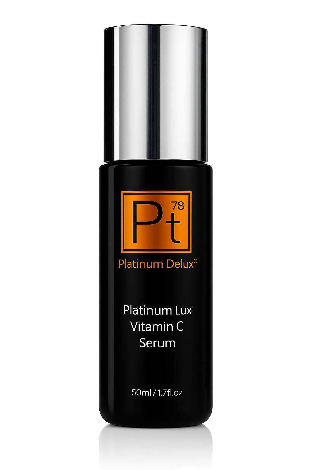 High-quality image of the Platinum Deluxe Platinum Lux Vitamin C Serum 50ml bottle with chrome cap, luxury black packaging, premium anti-aging brightening vitamin C skincare serum.