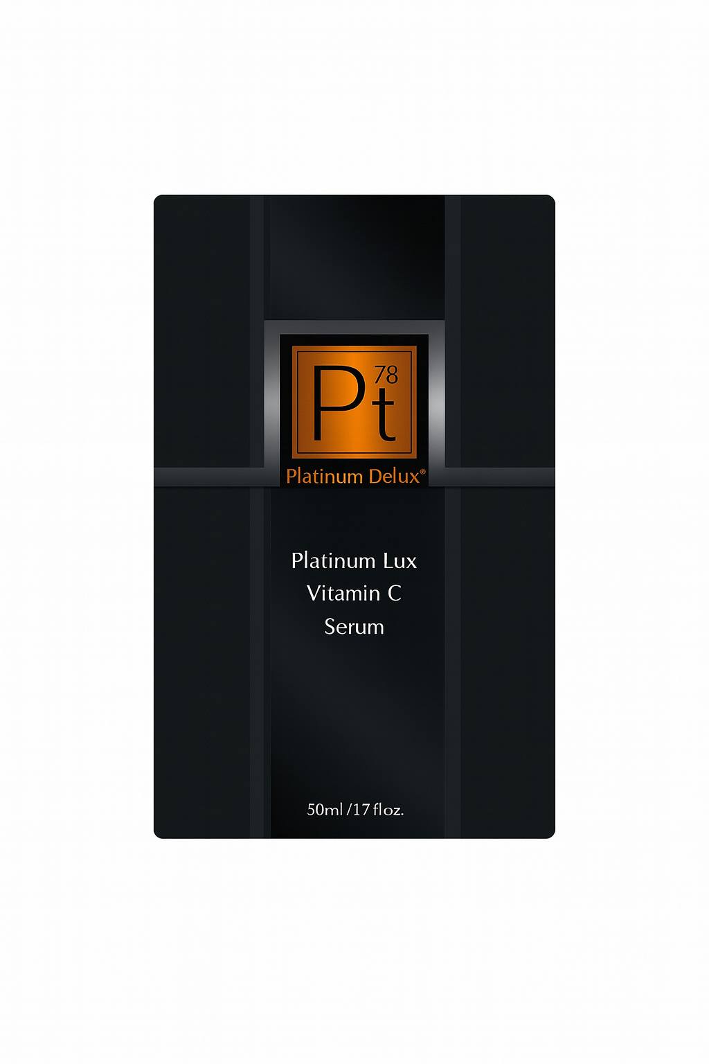 High-resolution image of the Platinum Deluxe Platinum Lux Vitamin C Serum 50ml box packaging, featuring premium black design with orange Pt78 logo, luxury skincare anti-aging brightening vitamin C serum.