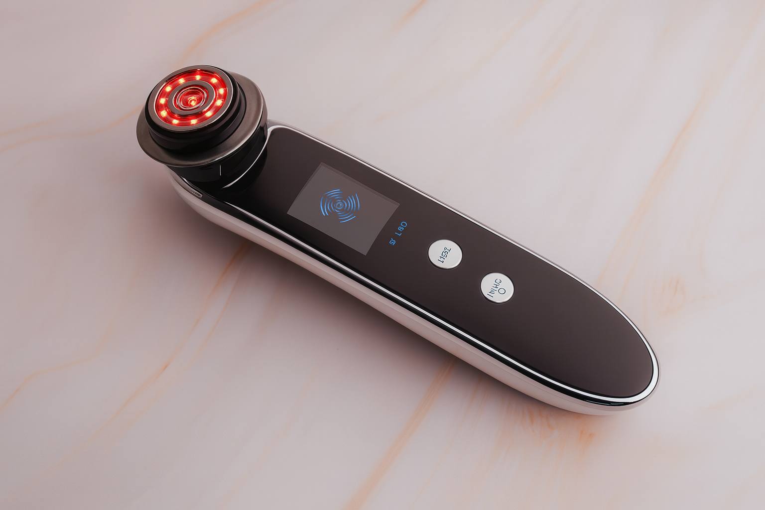 High-resolution image of a premium handheld RF and LED skin tightening device with red light therapy, designed for anti-aging, lifting, firming, and improving skin texture on the face.