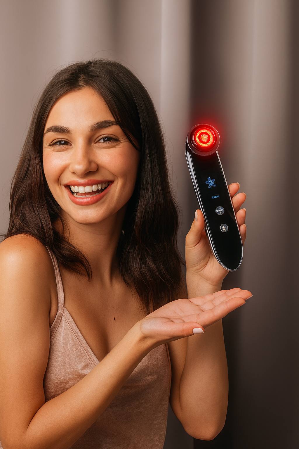 Smiling woman demonstrating a premium RF and LED skin tightening device with red light therapy, used for anti-aging, wrinkle reduction, lifting, and facial rejuvenation.
