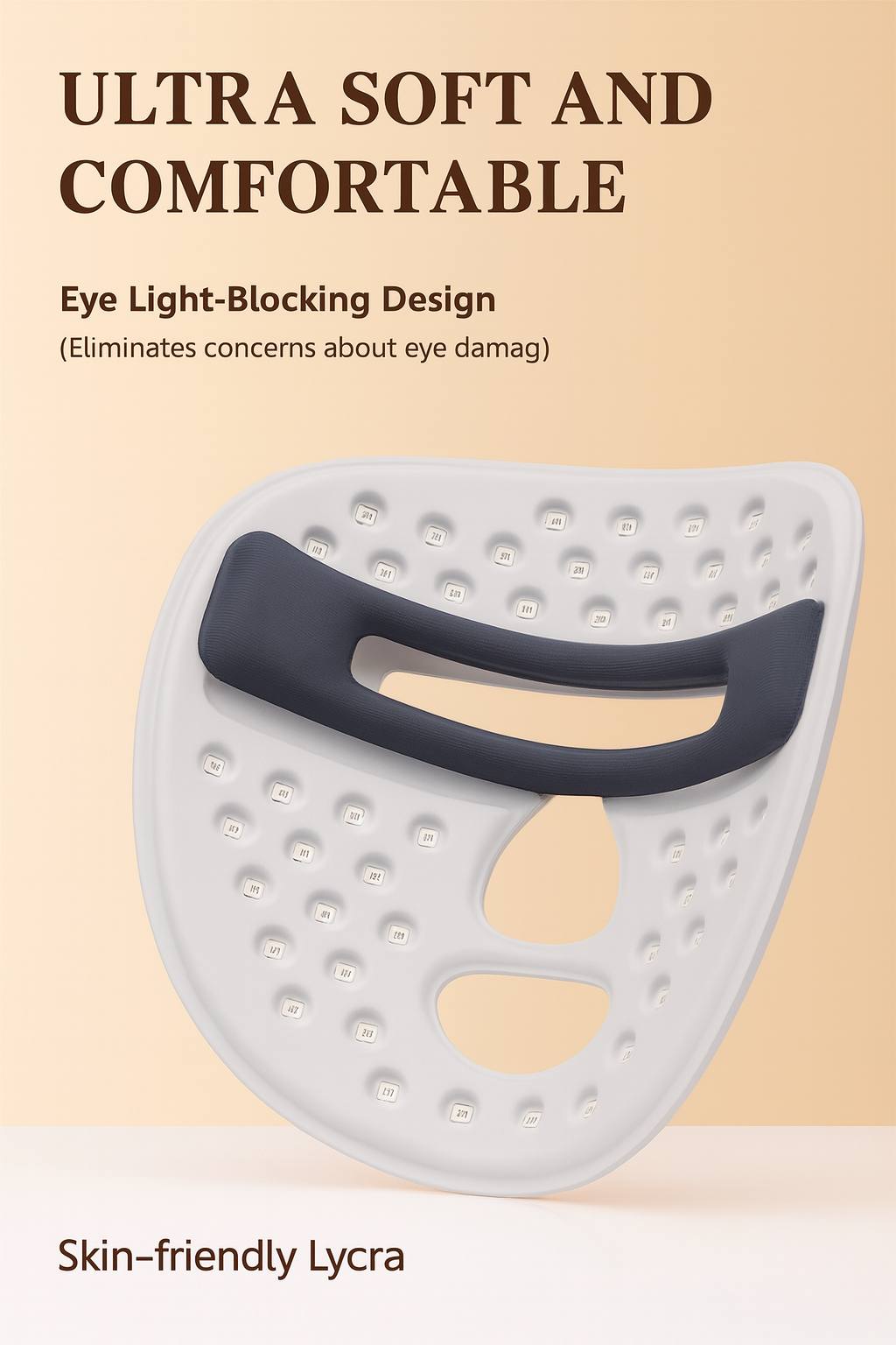Close-up image showing the ultra-soft, comfortable LED face mask design with eye light-blocking pads and breathable skin-friendly Lycra material, engineered to protect sensitive skin during light therapy treatments.