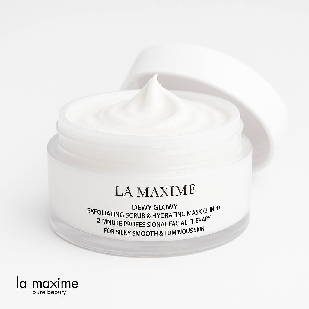 La Maxime Dewy Glowy Exfoliating Scrub and Hydrating Mask open jar – premium 2-in-1 facial exfoliator and moisturizing treatment with creamy texture for silky smooth luminous skin.”