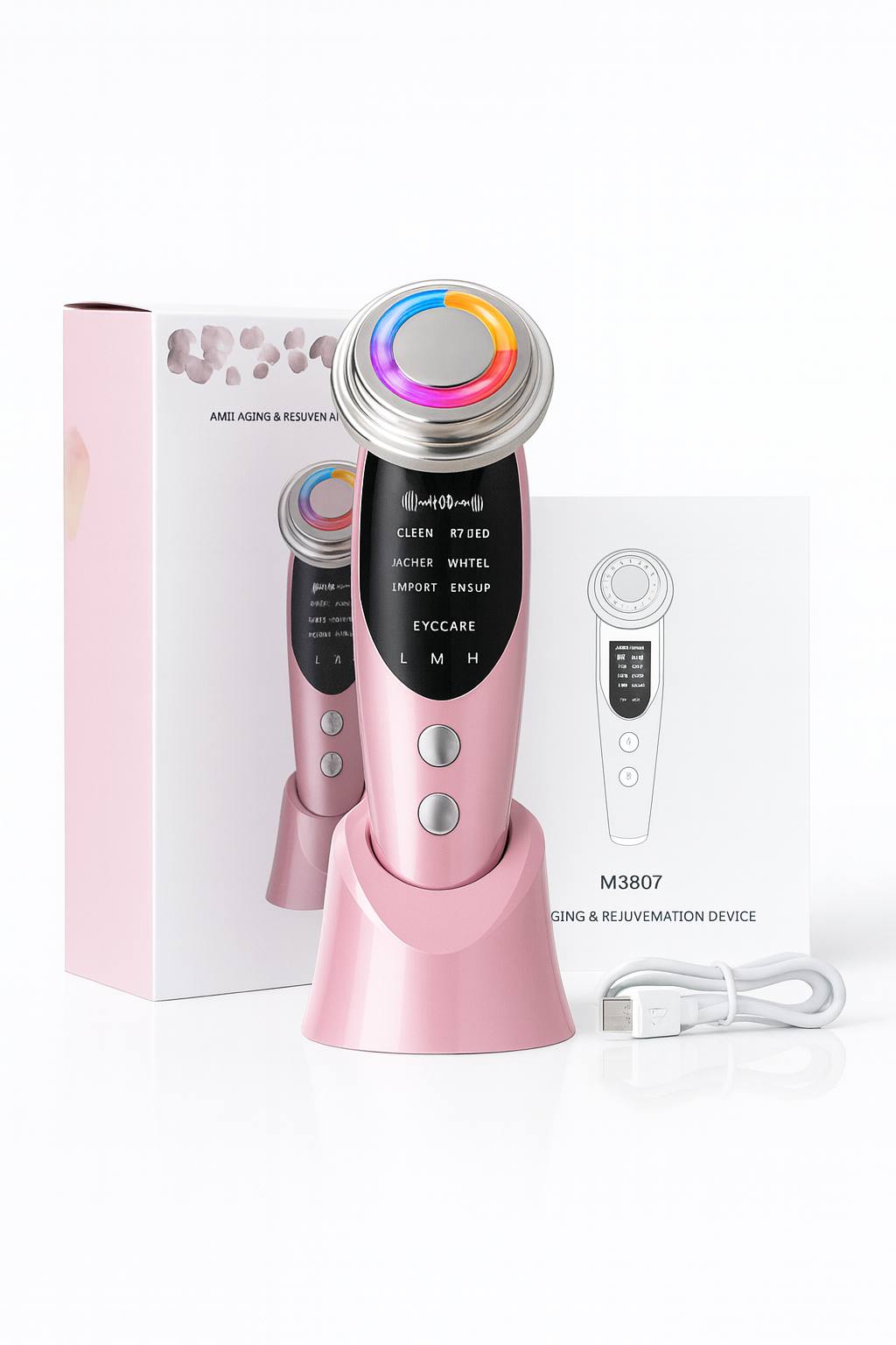 High-resolution image of a pink 6-in-1 RF and LED facial rejuvenation device with charging stand, USB cable and packaging box, used for anti-aging, skin tightening, wrinkle reduction, acne care and lifting treatments.