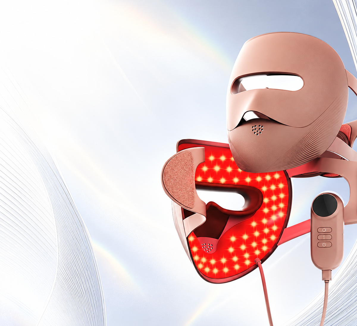 A red light therapy face mask set with a large mask head, a red LED light panel, and a small handheld controller, shown against a soft white and blue abstract background.