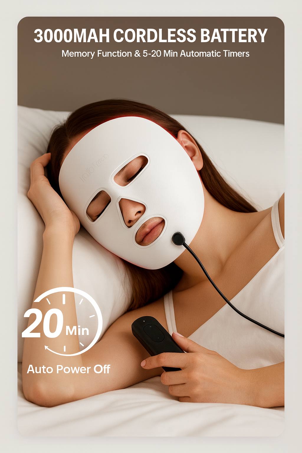 Woman using a cordless LED light therapy facial mask with 3000mAh battery and red light treatment in bed, featuring auto power-off timer for skin rejuvenation.