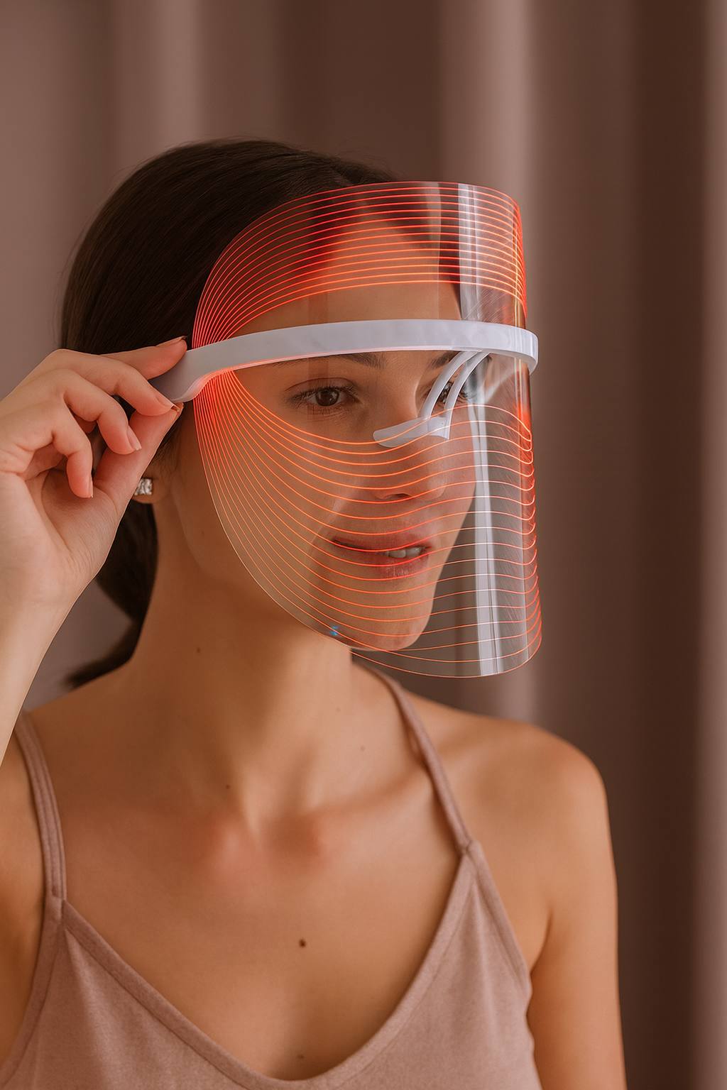 A woman wearing a red LED light therapy facial mask shield, demonstrating advanced light treatment for acne, wrinkles, and skin rejuvenation.