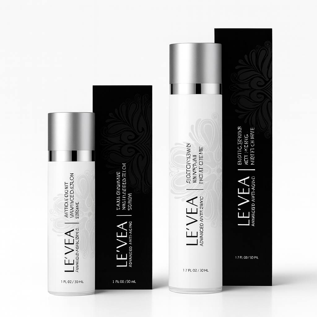 High-resolution 5K product photo of LE’VEA Advanced Anti-Aging skincare set, featuring the Biotic Repair Night Crème and the Antioxidant Wrinkle Reduction Serum with their black luxury packaging on a clean white background.