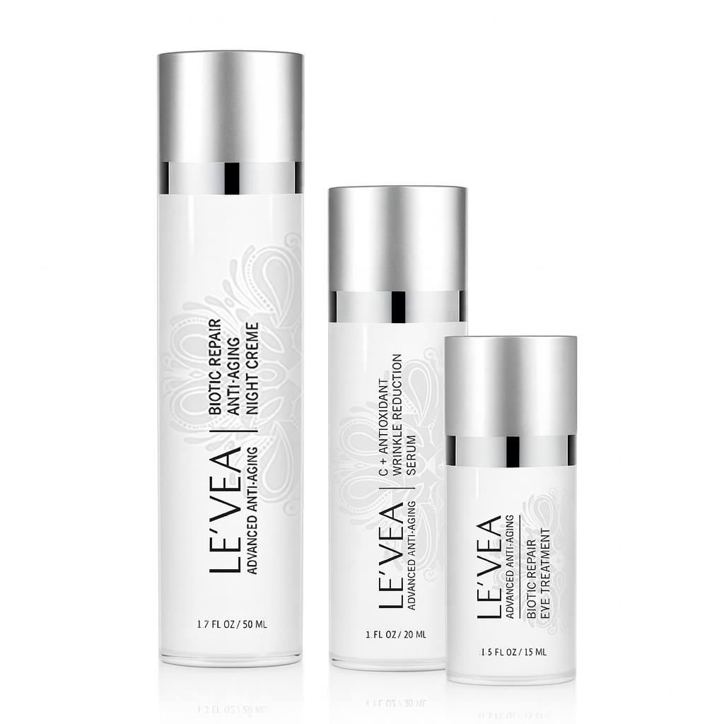 5K ultra-HD image of the LE’VEA Advanced Anti-Aging skincare trio featuring Biotic Repair Night Creme, Vitamin C Wrinkle Reduction Serum, and Biotic Repair Eye Treatment in clean white and silver packaging, designed for hydration, wrinkle reduction, and skin rejuvenation.