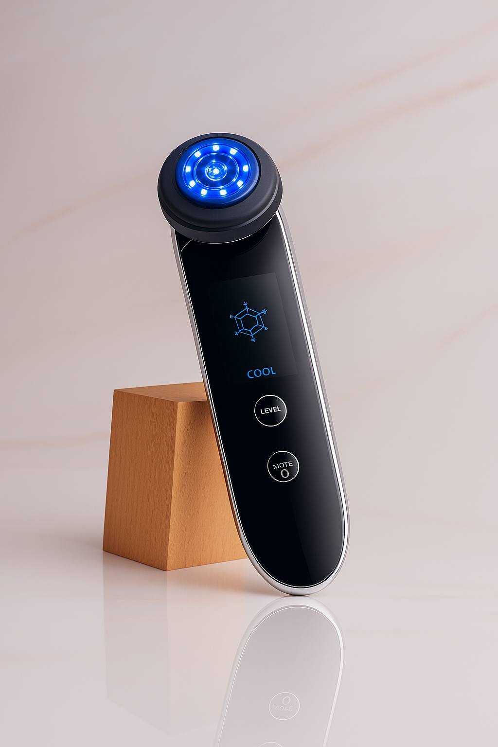 High-end RF and LED skin tightening device with blue light cooling mode, luxury glossy finish, anti-aging facial lifting tool for wrinkles and fine lines.