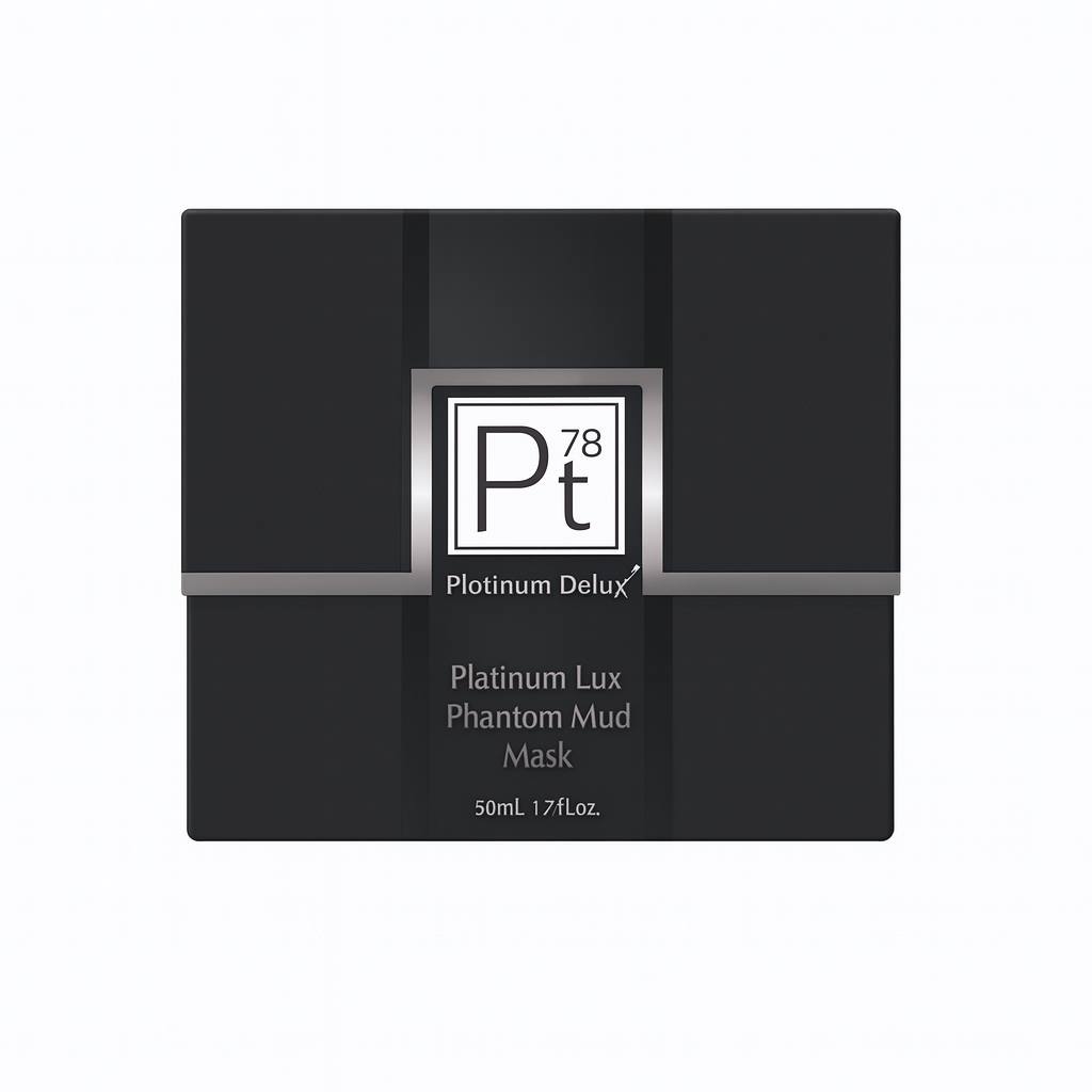 5K ultra-HD product image of the Platinum Delux® Platinum Lux Phantom Mud Mask box in matte black with metallic silver accents and Pt78 emblem, premium skincare packaging for a detoxifying, firming, and anti-aging facial mud mask.