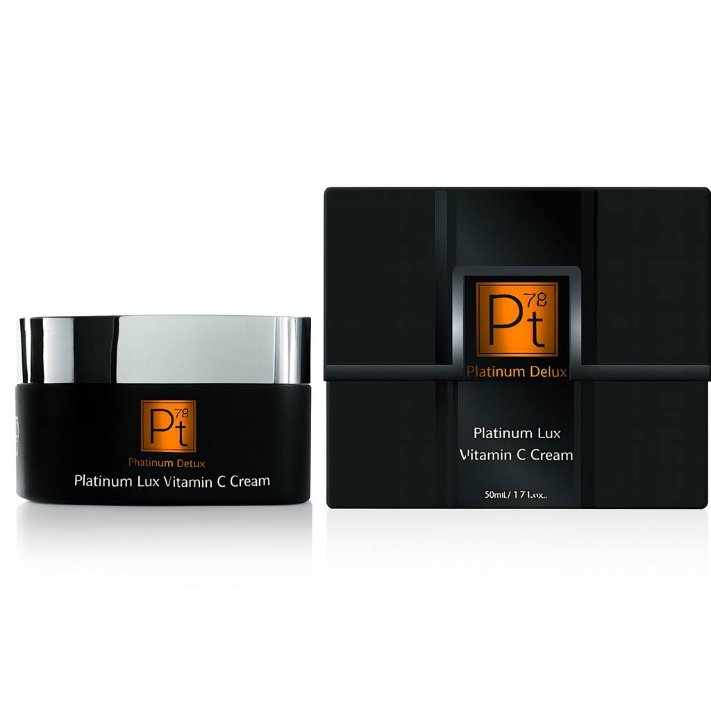 High-quality product image of Platinum Delux Platinum Lux Vitamin C Cream, showing the black jar with chrome lid and matching luxury packaging, 50ml brightening and anti-aging facial moisturizer.
