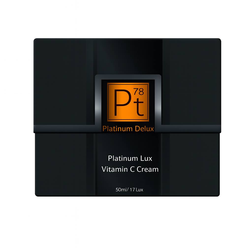 Luxury packaging of Platinum Delux Platinum Lux Vitamin C Cream, 50ml anti-aging and brightening facial moisturizer displayed in a sleek black box with orange Platinum Delux logo.