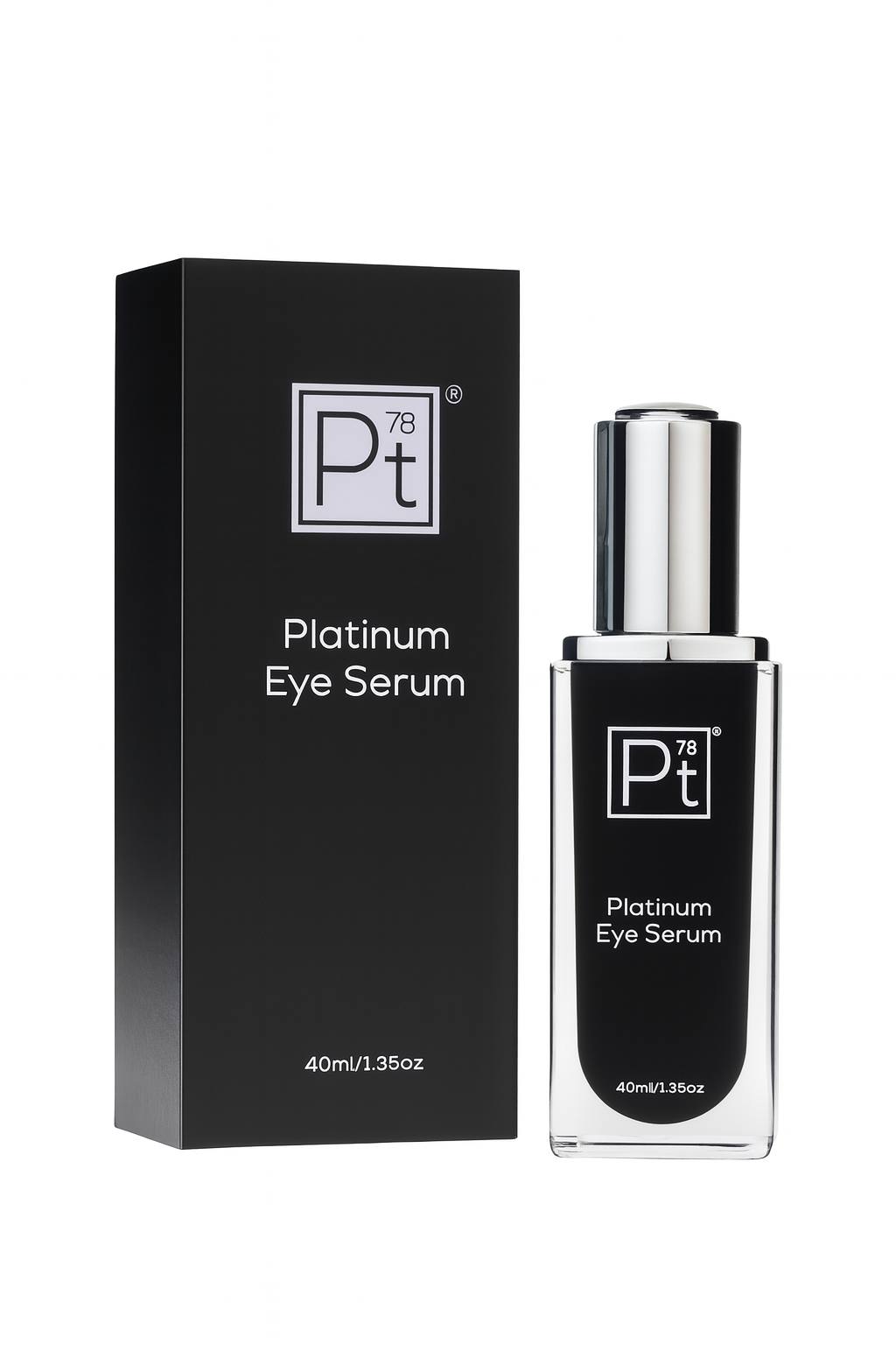 Platinum Eye Serum bottle with premium black packaging, 40ml anti-aging eye treatment designed to reduce dark circles, wrinkles, puffiness, and fine lines