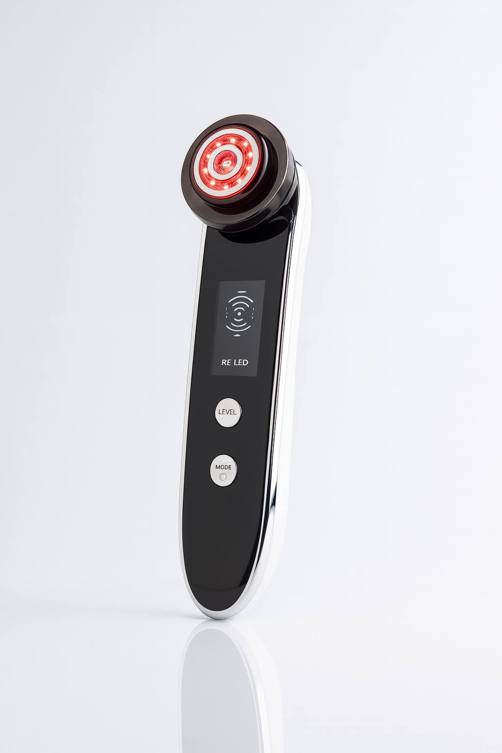 High-end RF LED facial rejuvenation device standing upright with red LED light ring, used for anti-aging, skin tightening, lifting, and wrinkle reduction treatments. Sleek black and silver handheld beauty device on a clean white background.