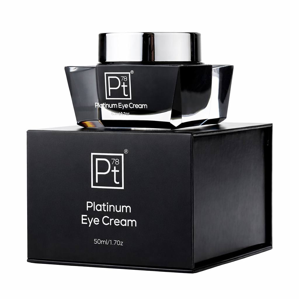 Luxury platinum eye cream in black glass jar and box, anti-aging eye treatment for dark circles, puffiness, and fine lines
